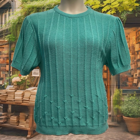 Vintage Teal Short Sleeve Knit Sweater - Picture 1 of 8